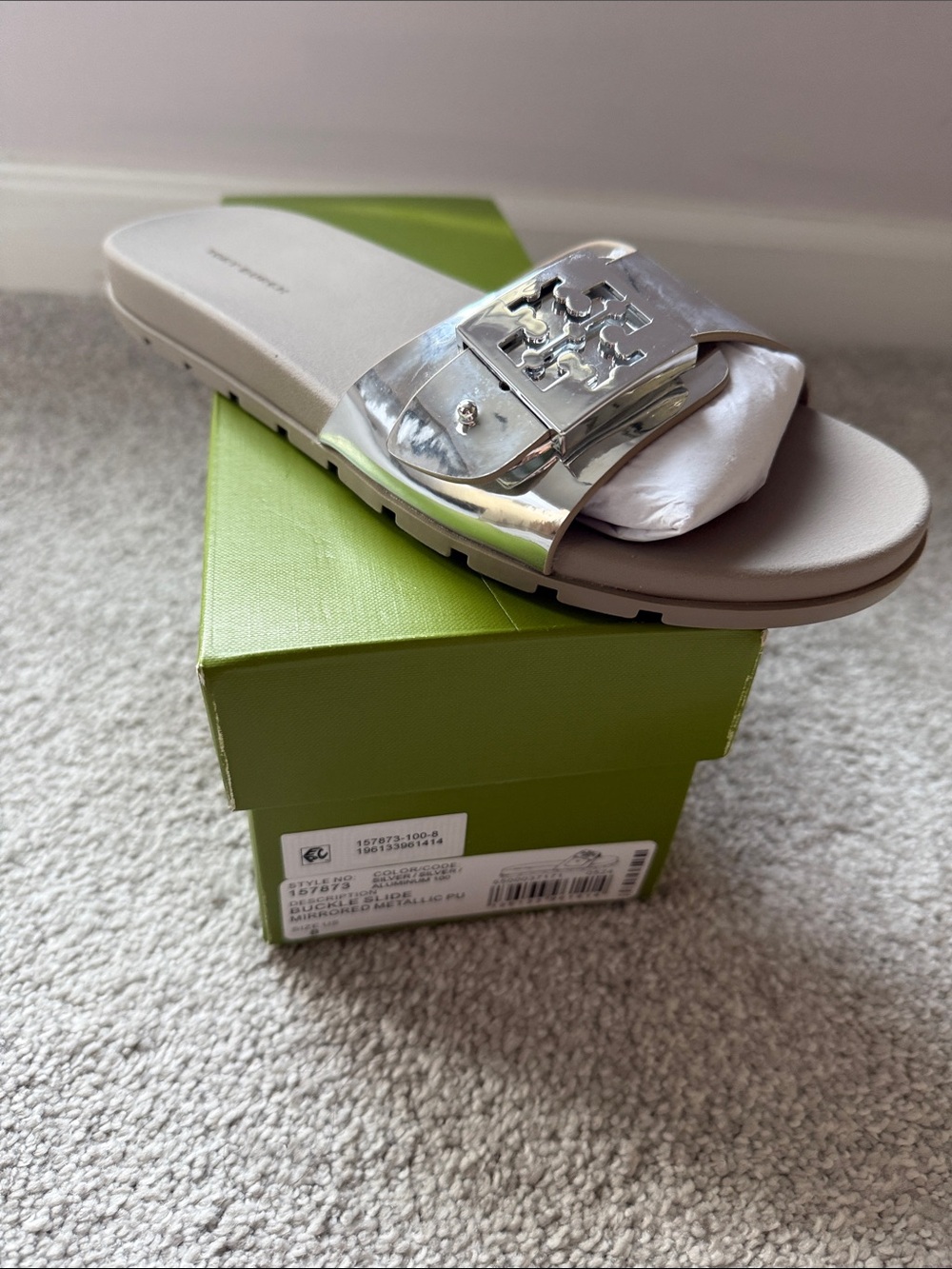 Tory Burch Silver Metallic Logo Slide Sandal in Light Grey Footbed